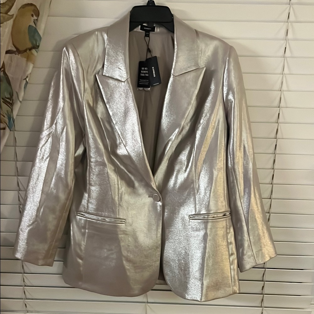 NWT $158 Express Metallic Silver Women's ONE BUTTON Blazer LG